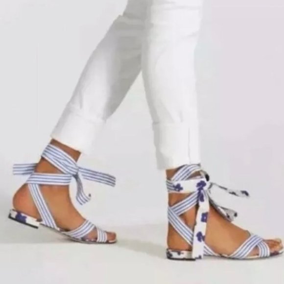 CAbi Shoes - Cabi Blue 6013 Watercolor Striped Tied Up Sandals